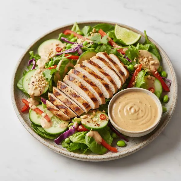 Thai Spiced Chicken Salad With Savory Peanut Dressing And Garden Mix